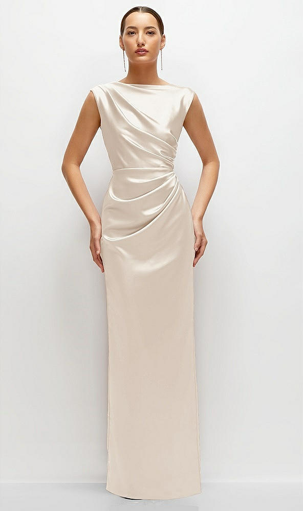 Front View - Oat High Neck Sleeveless Cap Shoulder Satin Maxi Dress