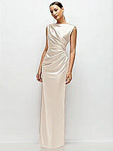 Side View Thumbnail - Oat High Neck Sleeveless Cap Shoulder Satin Maxi Dress