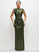 Front View Thumbnail - Olive Green High Neck Sleeveless Cap Shoulder Satin Maxi Dress