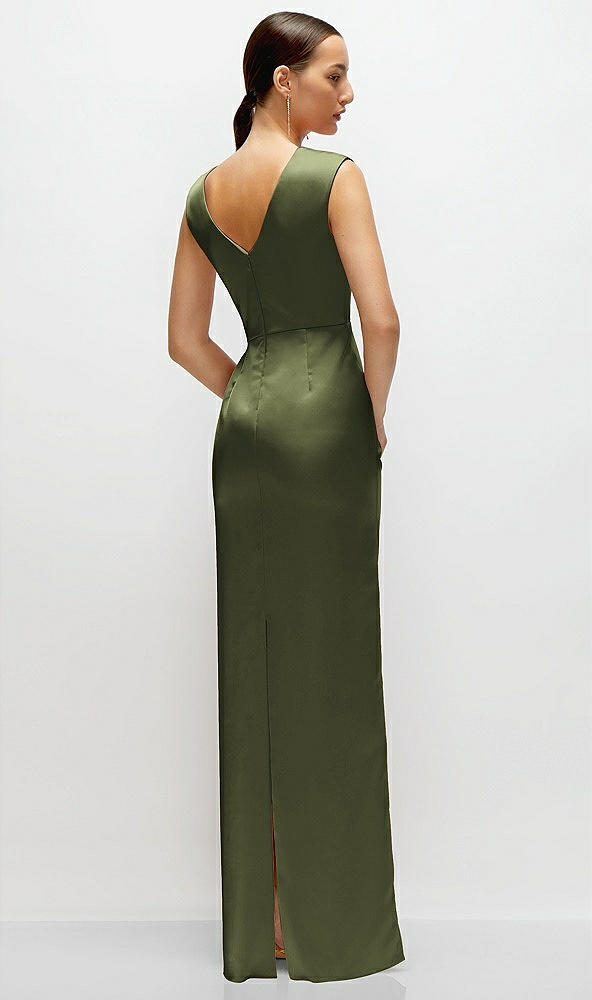 Back View - Olive Green High Neck Sleeveless Cap Shoulder Satin Maxi Dress