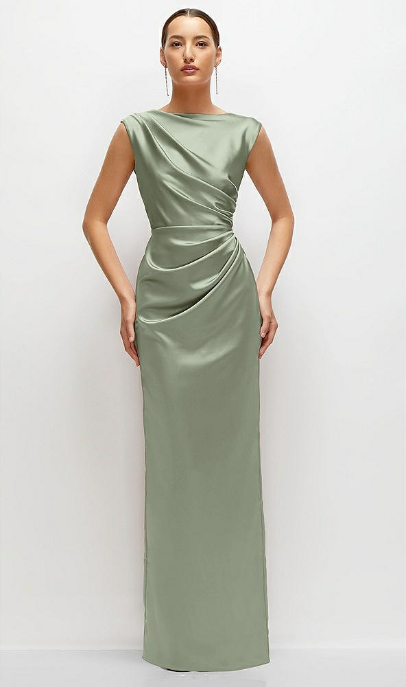 Front View - Sage High Neck Sleeveless Cap Shoulder Satin Maxi Dress