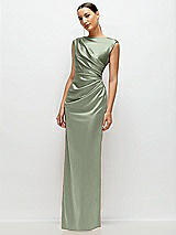 Side View Thumbnail - Sage High Neck Sleeveless Cap Shoulder Satin Maxi Dress