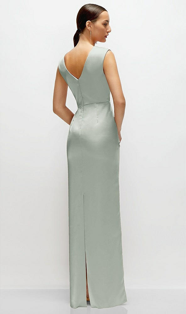 Back View - Willow Green High Neck Sleeveless Cap Shoulder Satin Maxi Dress