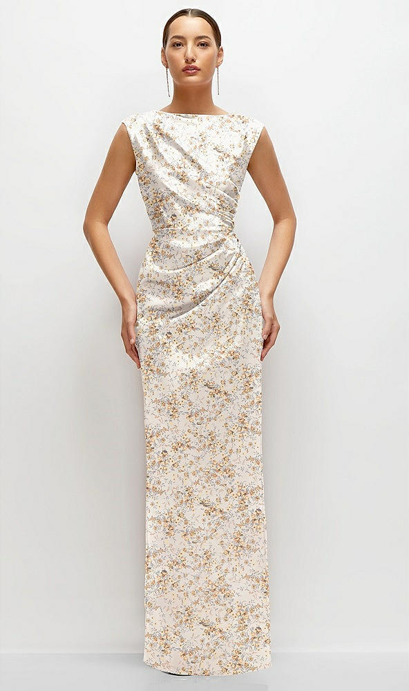 Front View - Golden Hour Floral High Neck Sleeveless Cap Shoulder Satin Maxi Dress