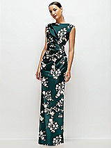 Side View Thumbnail - Vintage Primrose Evergreen Floral High Neck Sleeveless Cap Shoulder Satin Maxi Dress