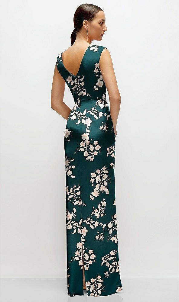 Back View - Vintage Primrose Evergreen Floral High Neck Sleeveless Cap Shoulder Satin Maxi Dress