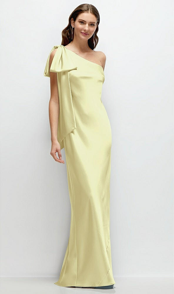 Front View - Butter Yellow One-Shoulder Bias-Cut Satin Maxi Dress with Cascading Shoulder Bow