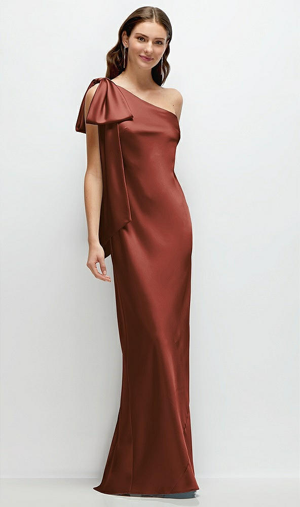 Front View - Auburn Moon One-Shoulder Bias-Cut Satin Maxi Dress with Cascading Shoulder Bow