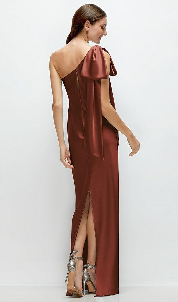 Back View - Auburn Moon One-Shoulder Bias-Cut Satin Maxi Dress with Cascading Shoulder Bow