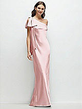 Front View Thumbnail - Ballet Pink One-Shoulder Bias-Cut Satin Maxi Dress with Cascading Shoulder Bow