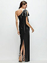 Rear View Thumbnail - Black One-Shoulder Bias-Cut Satin Maxi Dress with Cascading Shoulder Bow