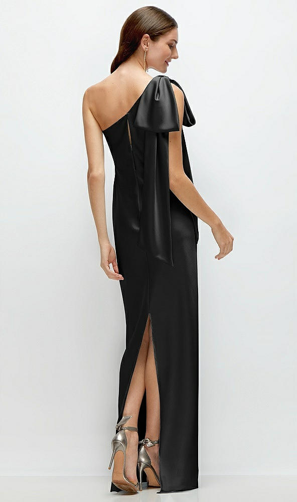 Back View - Black One-Shoulder Bias-Cut Satin Maxi Dress with Cascading Shoulder Bow