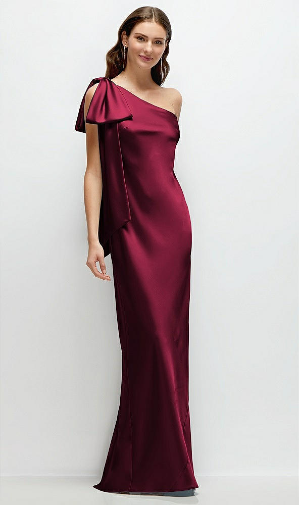 Front View - Cabernet One-Shoulder Bias-Cut Satin Maxi Dress with Cascading Shoulder Bow