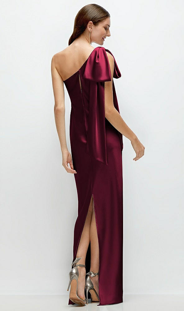 Back View - Cabernet One-Shoulder Bias-Cut Satin Maxi Dress with Cascading Shoulder Bow