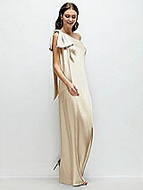 Side View Thumbnail - Champagne One-Shoulder Bias-Cut Satin Maxi Dress with Cascading Shoulder Bow