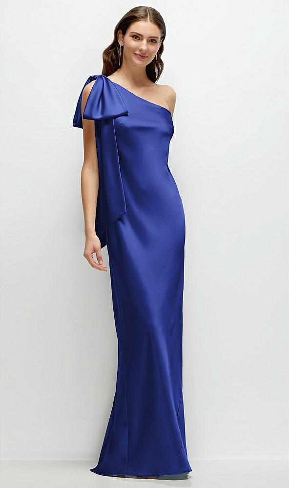 Front View - Cobalt Blue One-Shoulder Bias-Cut Satin Maxi Dress with Cascading Shoulder Bow