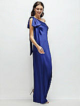 Side View Thumbnail - Cobalt Blue One-Shoulder Bias-Cut Satin Maxi Dress with Cascading Shoulder Bow