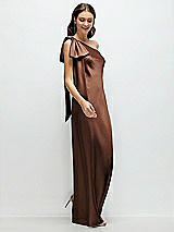 Side View Thumbnail - Cognac One-Shoulder Bias-Cut Satin Maxi Dress with Cascading Shoulder Bow