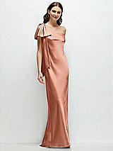 Front View Thumbnail - Copper Penny One-Shoulder Bias-Cut Satin Maxi Dress with Cascading Shoulder Bow