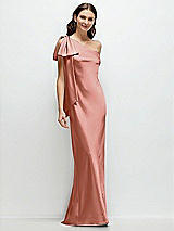 Front View Thumbnail - Desert Rose One-Shoulder Bias-Cut Satin Maxi Dress with Cascading Shoulder Bow