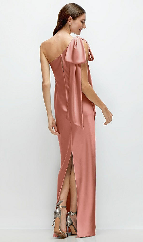 Back View - Desert Rose One-Shoulder Bias-Cut Satin Maxi Dress with Cascading Shoulder Bow