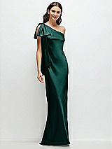 Front View Thumbnail - Evergreen One-Shoulder Bias-Cut Satin Maxi Dress with Cascading Shoulder Bow