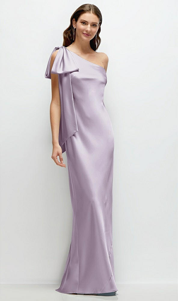 Front View - Lilac Haze One-Shoulder Bias-Cut Satin Maxi Dress with Cascading Shoulder Bow