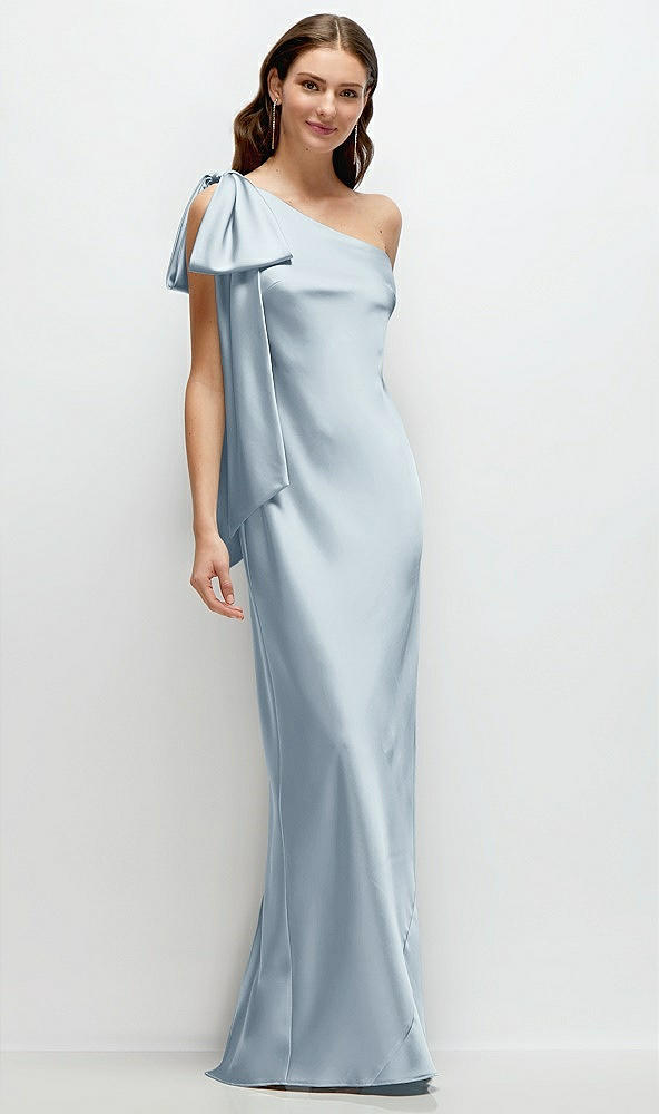 Front View - Mist One-Shoulder Bias-Cut Satin Maxi Dress with Cascading Shoulder Bow