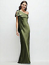 Front View Thumbnail - Olive Green One-Shoulder Bias-Cut Satin Maxi Dress with Cascading Shoulder Bow