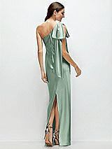 Rear View Thumbnail - Seagrass One-Shoulder Bias-Cut Satin Maxi Dress with Cascading Shoulder Bow