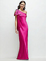 Front View Thumbnail - Think Pink One-Shoulder Bias-Cut Satin Maxi Dress with Cascading Shoulder Bow