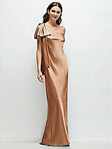 Front View Thumbnail - Toffee One-Shoulder Bias-Cut Satin Maxi Dress with Cascading Shoulder Bow