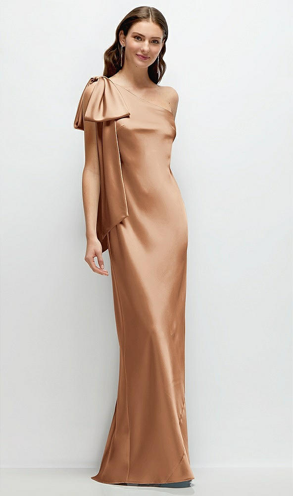 Front View - Toffee One-Shoulder Bias-Cut Satin Maxi Dress with Cascading Shoulder Bow