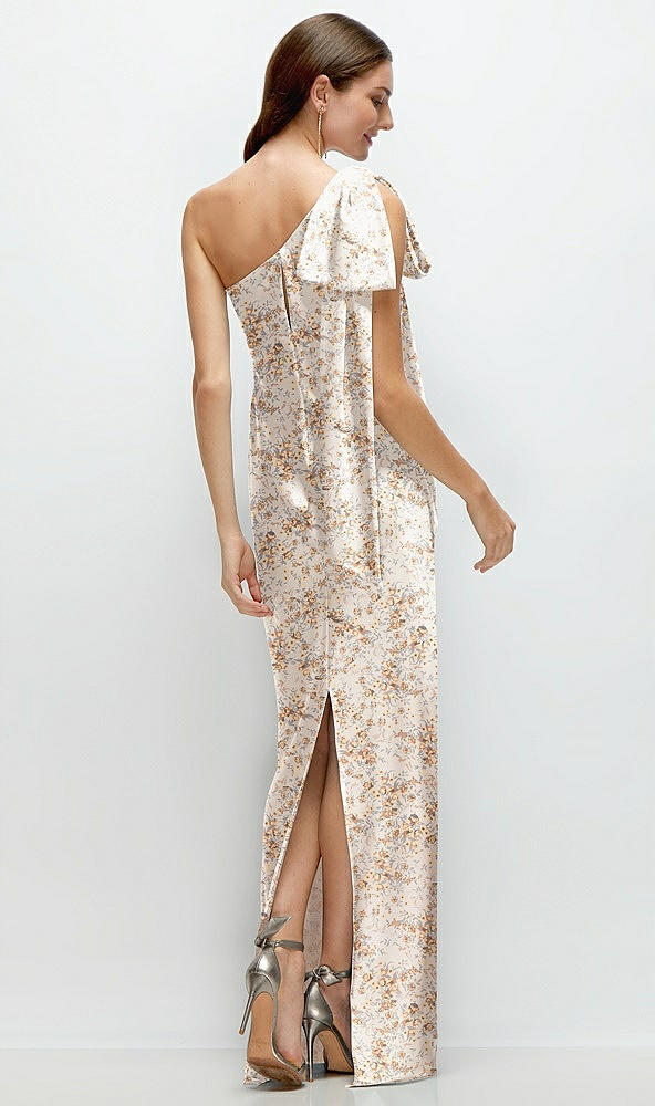 Back View - Golden Hour One-Shoulder Bias-Cut Floral Satin Maxi Dress with Cascading Shoulder Bow