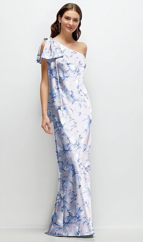 Front View - Magnolia Sky One-Shoulder Bias-Cut Floral Satin Maxi Dress with Cascading Shoulder Bow