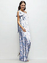 Side View Thumbnail - Magnolia Sky One-Shoulder Bias-Cut Floral Satin Maxi Dress with Cascading Shoulder Bow