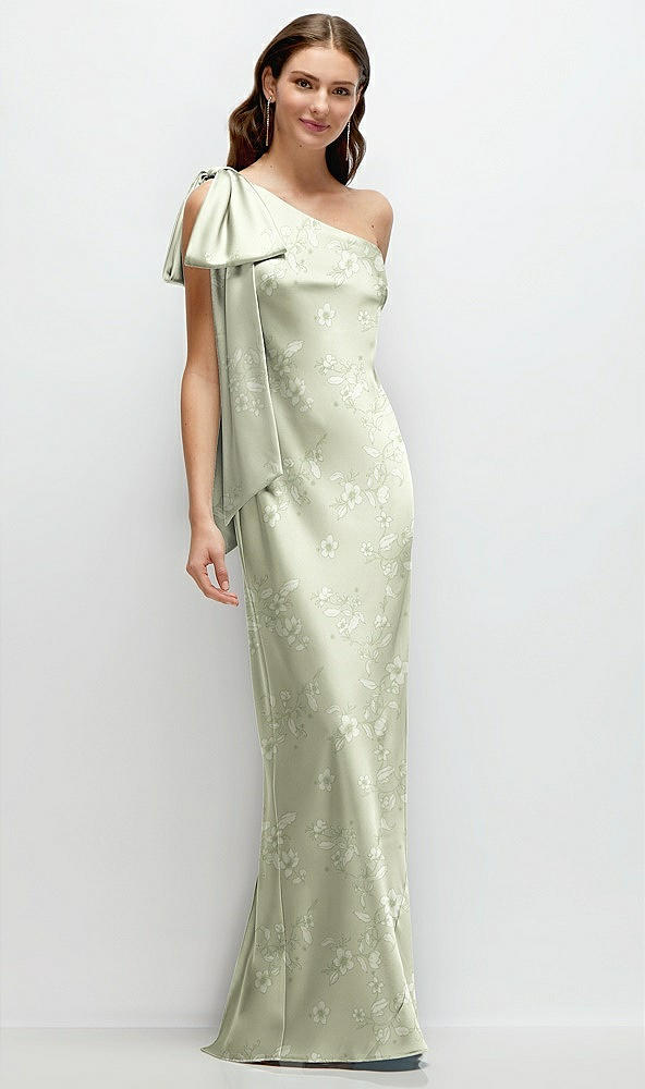 Front View - Vintage Primrose Celadon One-Shoulder Bias-Cut Floral Satin Maxi Dress with Cascading Shoulder Bow