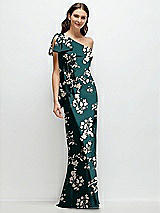 Front View Thumbnail - Vintage Primrose Evergreen One-Shoulder Bias-Cut Floral Satin Maxi Dress with Cascading Shoulder Bow