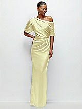 Front View Thumbnail - Butter Yellow Asymmetrical Off-the-Shoulder Pleated Satin Maxi Dress