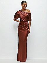 Front View Thumbnail - Auburn Moon Asymmetrical Off-the-Shoulder Pleated Satin Maxi Dress