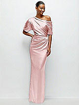 Front View Thumbnail - Ballet Pink Asymmetrical Off-the-Shoulder Pleated Satin Maxi Dress