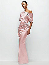 Side View Thumbnail - Ballet Pink Asymmetrical Off-the-Shoulder Pleated Satin Maxi Dress