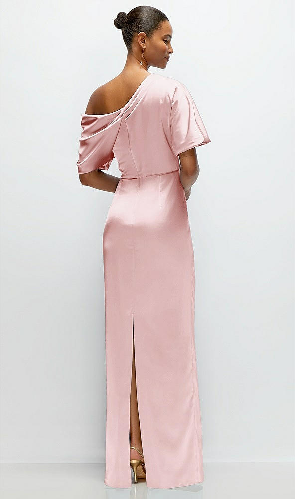 Back View - Ballet Pink Asymmetrical Off-the-Shoulder Pleated Satin Maxi Dress