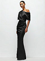 Side View Thumbnail - Black Asymmetrical Off-the-Shoulder Pleated Satin Maxi Dress