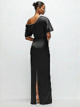 Rear View Thumbnail - Black Asymmetrical Off-the-Shoulder Pleated Satin Maxi Dress