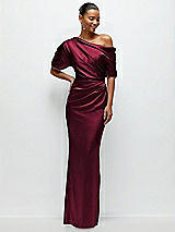 Front View Thumbnail - Cabernet Asymmetrical Off-the-Shoulder Pleated Satin Maxi Dress