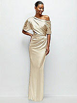 Front View Thumbnail - Champagne Asymmetrical Off-the-Shoulder Pleated Satin Maxi Dress