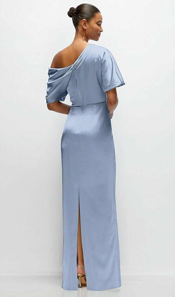 Back View - Cloudy Asymmetrical Off-the-Shoulder Pleated Satin Maxi Dress