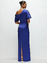 Rear View Thumbnail - Cobalt Blue Asymmetrical Off-the-Shoulder Pleated Satin Maxi Dress