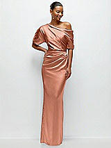 Front View Thumbnail - Copper Penny Asymmetrical Off-the-Shoulder Pleated Satin Maxi Dress